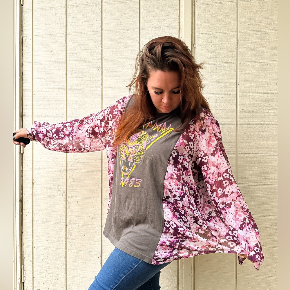 SOLD Upcycle Def Leppard Boho Floral Semi Sheer Top Blouse - One Of A Kind - Picture 11 of 15